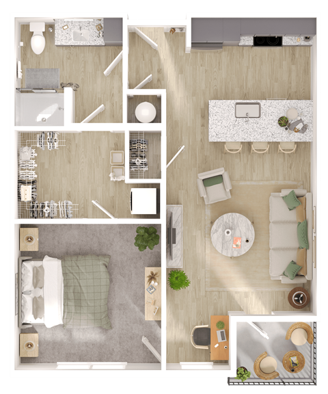 a 1 bedroom floorplan of a bedroom with a bathroom and a living room